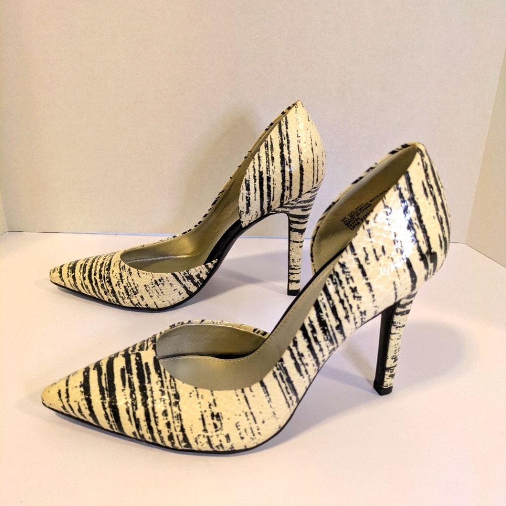 Ana Women's Elegant Slip On High Heels Black/Off White Faux Leather Snakeskin 8M